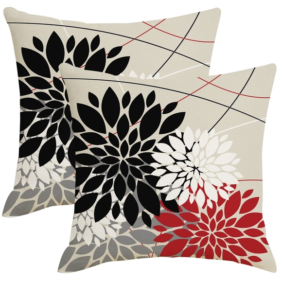 Red Black and Grey Dahlia Floral Pillow Covers 18x18 Set of 2 Outdoor Modern - Picture 1 of 3